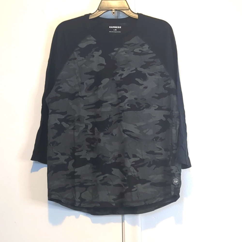 EXPRESS 3/4 Sleeve Black Camo SHIRT Sz L Jersey Green Cotton